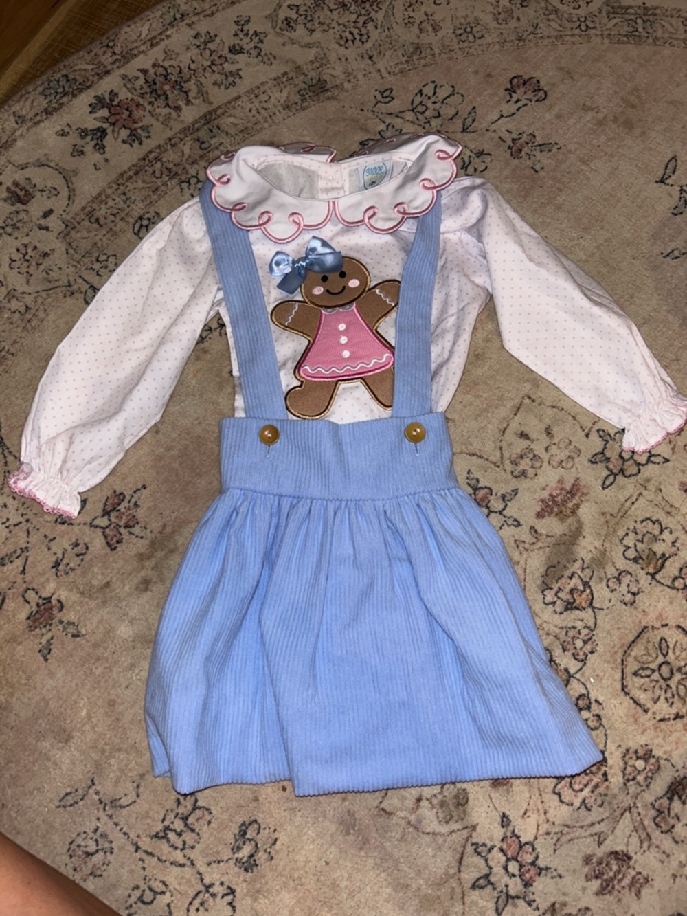 Girls Blue Suspender Skirt with Pink Gingerbread Applique Dress